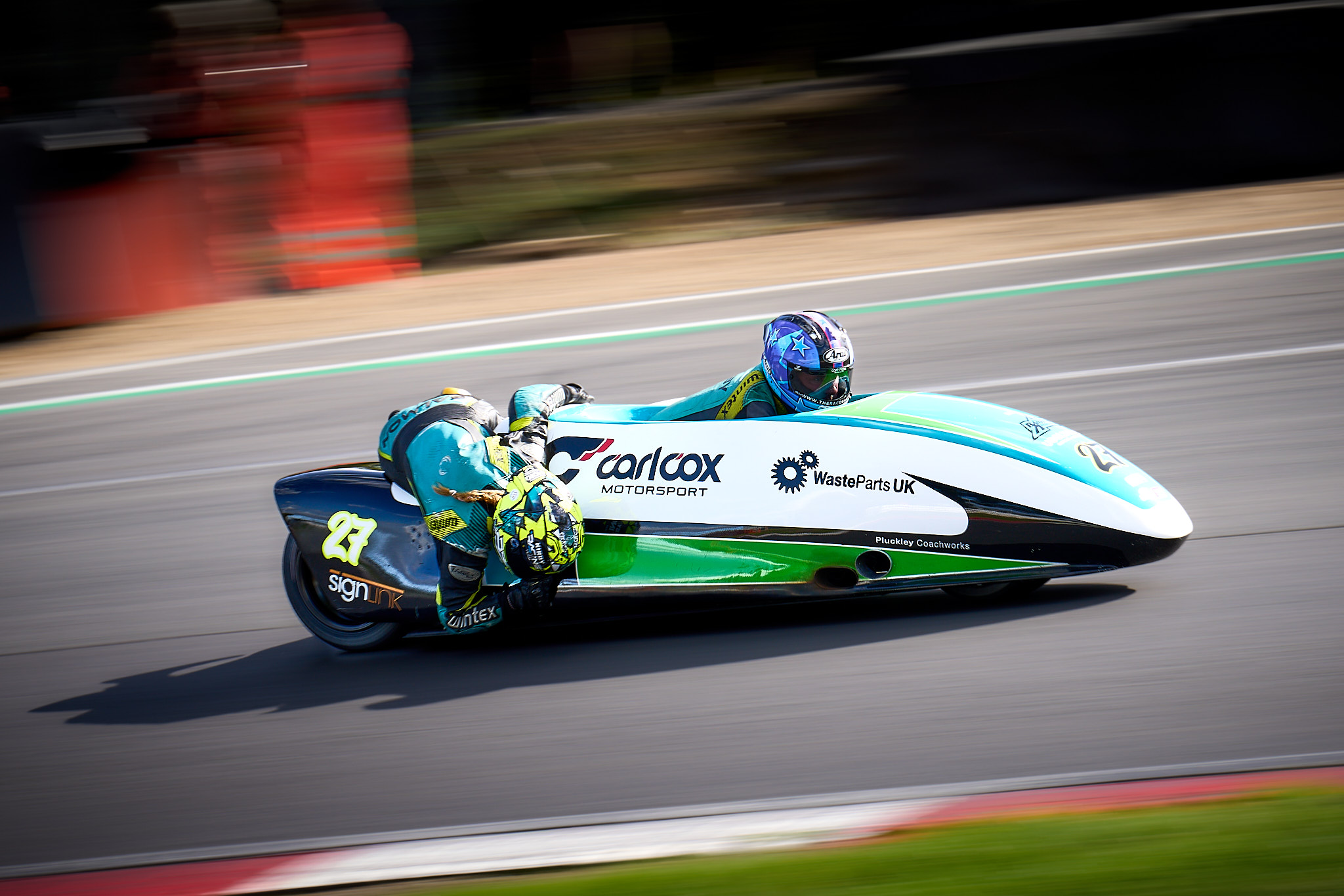 Paul Kirby and Ema Salmon on the #23 KRT F600 Race Team F1 sidecar at speed at Brands Hatch